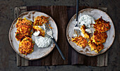 Potato and carrot pancakes with herb quark