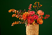 Herbstlicher Blumenstrauß mit Chrysanthemen (Chrysanthemum), Eukalyptus und Beeren in geflochtener Vase