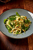 Spaghetti aglio e olio with spinach