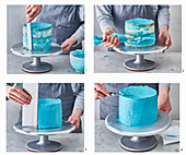 Prepare a mango and passion fruit drip cake with blue buttercream