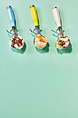 Three flavours of homemade ice cream: cookies & cream, banana-chocolate tahini, cherry-pistachio