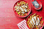 Pasta with chicken fillet and roasted summer vegetables