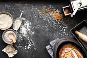 Ingredients and utensils for baking bread