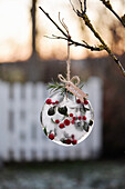 Frozen mock berries in a crystal ball as a winter garden decoration