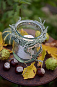 Lantern in autumn decor with heather, chestnuts and leaves