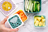 Vegetable and fruit snacks in bento boxes