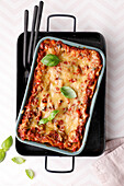 Vegetable lasagne with basil leaves