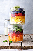 Rainbow vegetable and fruit salad in a jar