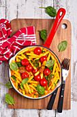 Pasta with chorizo, spinach and cherry tomatoes