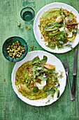 Pea crêpes with goat's cream cheese and braised shallots