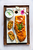 Cabbage strudel with sour cream dip