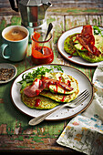 Hearty spinach pancakes with bacon and avocado