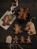 Gingerbread man with name tag and gift tag