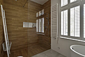 Modern bathroom with walk-in shower and wood-effect tiles