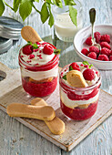 Raspberry tiramisu in a glass