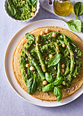 Savoury chickpea tart with asparagus and spinach