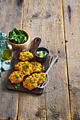 Vegetable fritters with cucumber dip and spring onions