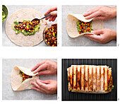 Preparing a burrito with guacamole and minced meat and vegetable filling