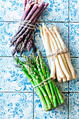 Trio of asparagus - white, green, and violet