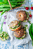 Bagels with eggs, wild garlic, cucumbers, and radishes