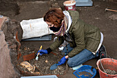 Archaeologist excavating human bones, Pompeii, Italy