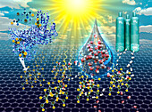 Solar powered hydrogen fuel production, illustration