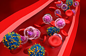 CAR-T cells in blood vessel, illustration