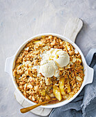 Gluten-free apple crumble with vanilla ice cream