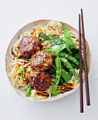 Mongolian lamb meatballs with noodles and vegetables