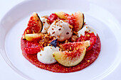 Fig sorbet with raspberry saucee