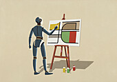 Roboter malt abstrakte Kunst an der Staffelei