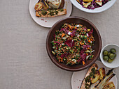 Still life view from above healthy Mediterranean meal of spelt salad with radicchio and vegetables