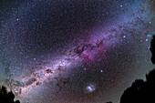 This fish-eye lens view takes in the southern Milky Way, from Scorpius rising at lower left in the east (though partly behind trees here), to Orion setting at upper right in the west. At centre are the bright starclouds of Carina and Centaurus, along with the Southern Cross, Crux, and the dark Coal Sack. To the left of the Coal Sack are the stars Alpha and Beta Centauri, the Pointers.