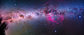 This is a panorama of the southernmost portion of the Milky Way, from the stars Alpha and Beta Centauri at far left, to Sirius, the brightest nighttime star, at far right. The second brightest star, Canopus, is included at lower right.