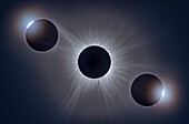 This is a telescopic close-up of the eclipsed Sun at the April 8, 2024 total solar eclipse, with the Sun's intricate atmosphere, the corona, surrounding the dark silhouetted disk of the Moon.