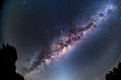 This is a fish-eye view of the centre of the Galaxy region in Sagittarius and Scorpius nearly overhead before dawn on an austral autumn morning in March 2024. The Milky Way stretches from Aquila at bottom left to Crux and Carina at upper right.