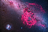 This is a framing of the vast Gum Nebula in the southern Milky Way, that sprawls over the constellations of Vela and Puppis. It is listed as object #12 in the catalog of southern nebulas compiled in the 1950s by Australian astronomer Colin Gum. It is perhaps a supernova remnant (not to be confused with the smaller Vela Supernova Remnant that is within the Gum Nebula) or is a large and old H-Alpha star-forming region. It is nearby in the Milky Way, at about 1500 light years from us. Smaller components of it carry other catalogue numbers such as Gum 15 and Gum 17.