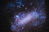 This is a showpiece of the southern skies, the Large Magellanic Cloud, a member of the Local Group, and a satellite galaxy of our Milky Way, one rich in star forming nebulas and clusters. The LMC is cross between a dwarf irregular galaxy and a barred spiral. The nebulas along its bar and arms show as regions of magenta and cyan, from hydrogen and oxygen emission.