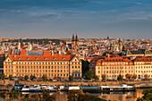 Old Town's Vltava River embankment with protruding twin Gothic towers of Tyn Church, Old Town (Stare Mesto), UNESCO World Heritage Site, Prague, Czechia, Europe