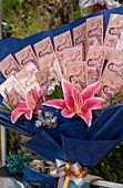 Flower bouquets, soft toys and money souvenirs for sale for graduation ceremony at Chiang Mai University, Chiang Mai, Thailand, Southeast Asia, Asia