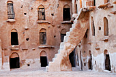 Ksar Ouled Soltane, a fortified granary, comprising two courtyards with multi-story vaulted granary cellars (ghorfas) around perimeters, Tataouine district, southern Tunisia, North Africa, Africa