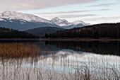 Mount Fitzwilliam am Pyramid Lake im Herbst mit Schnee, Jasper National Park, UNESCO Welterbe, Alberta, Kanadische Rockies, Kanada, Nordamerika