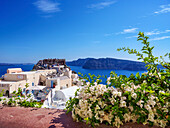 View towards the castle, Oia Village, Santorini (Thira) Island, Cyclades, Greek Islands, Greece, Europe