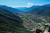 Landscape from the Sacra di San Michele, (Saint Michael's Abbey), a religious complex on Mount Pirchiriano, on south side of the Val di Susa, municipality of Sant'Ambrogio di Torino, Metropolitan City of Turin, Piedmont, Italy, Europe