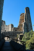 Detail der Sacra di San Michele, einer religiösen Anlage auf dem Berg Pirchiriano, an der Südseite des Val di Susa, Gemeinde Sant'Ambrogio di Torino, Metropolitanstadt Turin, Piemont, Italien, Europa