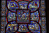 Glasmalerei-Detail der Pest im Haus von Jordan Fitz-Eisulf, Becket-Wunderfenster, Trinity Chapel Ambulatorium, Kathedrale von Canterbury, UNESCO-Weltkulturerbe, Canterbury, Kent, England, Vereinigtes Königreich, Europa