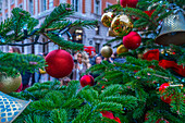 View of Christmas decorations in the Piazza, Covent Garden, London, England, United Kingdom, Europe