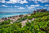 View of long white sandy beach at Playa Delfines, Hotel Zone, Cancun, Caribbean Coast, Yucatan Peninsula, Mexico, North America