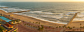 Elevated view of beaches, promenade and Indian Ocean at sunrise, Durban, KwaZulu-Natal Province, South Africa, Africa