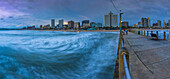 View of beaches, promenade and hotels from New Pier at dusk, Durban, KwaZulu-Natal Province, South Africa, Africa